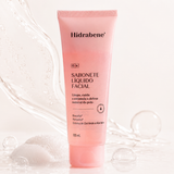 Sabonete Líquido Facial Hidrabene 120ml com respingos de água e bolhas de espuma