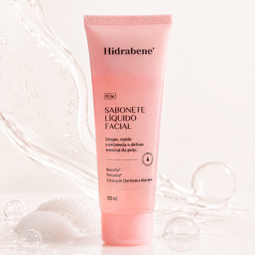 Sabonete Líquido Facial Hidrabene 120ml com respingos de água e espuma