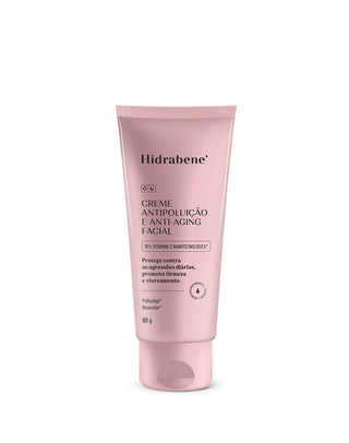 Bisnaga rosa do Creme Antipoluição e Anti-Aging Facial Hidrabene 60g em fundo branco