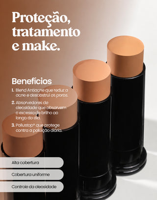 Card de benefícios da Base Stick FPS 50 Hidrabene: Blend Antiacne, absorvedores de oleosidade e Pollustop