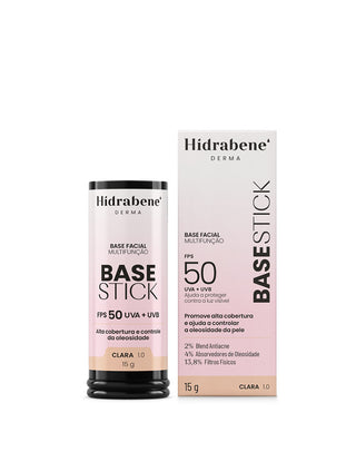 Base Stick FPS 50 Hidrabene Derma tom Clara 1.0 ao lado da caixa