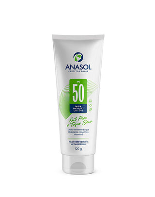 Bisnaga de 120g do Protetor Solar Corporal Anasol FPS 50 loção oil free e toque seco, dupla proteção UVA e UVB