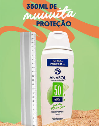 Frasco econômico de 350ml do Protetor Solar Corporal Anasol FPS 50 (leve 350ml, pague 280ml) ao lado de uma régua