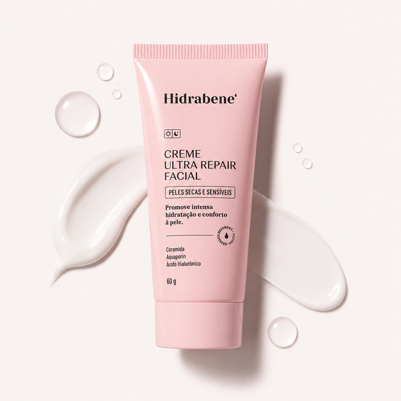 Creme Ultra Repair Facial Hidrabene 60g para peles secas e sensíveis com textura cremosa ao fundo