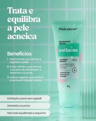 Esfoliante facial antiacne Hidrabene com esferas vegetais, ácido salicílico e niacinamida que trata e equilibra a pele acneica