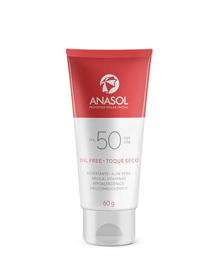Protetor Solar Facial Anasol FPS 50 oil free toque seco 60g, bisnaga branca e vermelha vista de frente