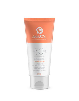 Protetor solar facial Anasol FPS 50 Clareador 60g - frente da bisnaga coral