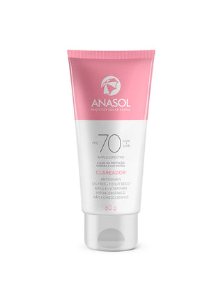 Protetor solar facial Anasol FPS 70 Clareador 60g - frente da bisnaga rosa