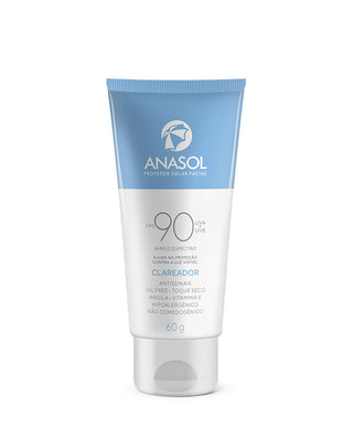 Protetor Solar Facial Anasol FPS 90 Clareador 60g, bisnaga branca e azul vista de frente