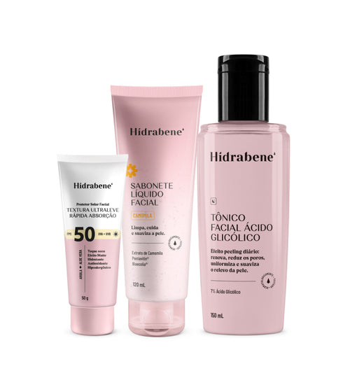 Kit Peeling Glow Up Hidrabene: protetor solar FPS 50 ultraleve, sabonete líquido facial de camomila e tônico facial ácido glicólico