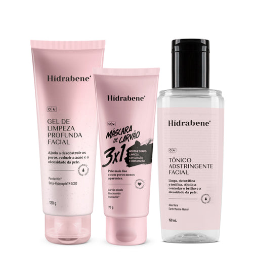Kit Xô Oleosidade Hidrabene: gel de limpeza profunda facial, máscara de carvão 3x1 e tônico adstringente facial
