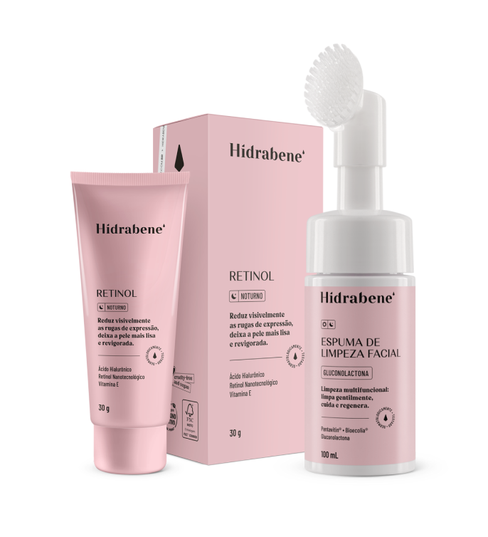 Kit Pele de Porcelana Hidrabene: Retinol 30g com caixa e Espuma de Limpeza Facial Gluconolactona 100ml com escova de silicone