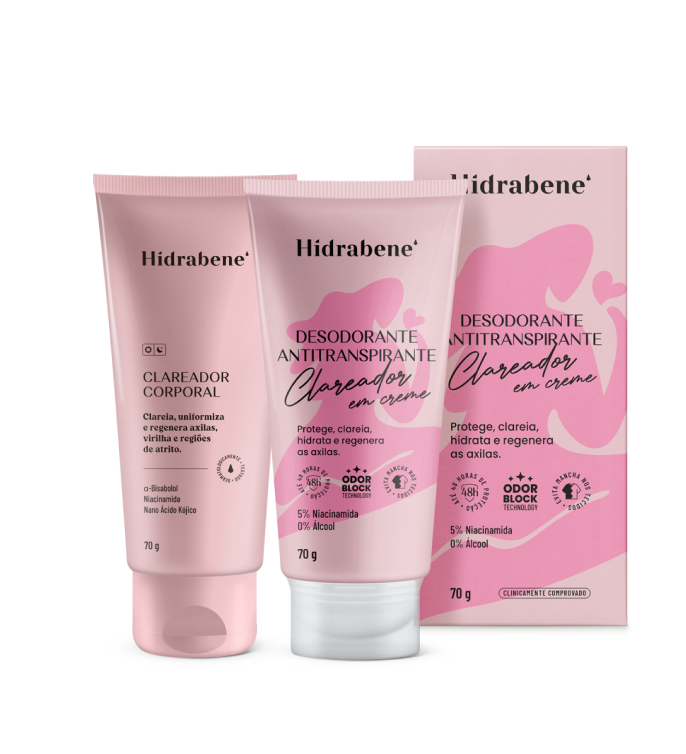 Kit Clareador Corporal Hidrabene: creme clareador corporal 70g e desodorante antitranspirante clareador em creme 70g com caixa