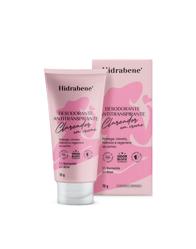 A bisnaga do Desodorante Clareador em Creme de 70 g ao lado da caixa, em rosa.