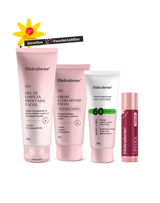 Kit Pônei Cara Lavada Hidrabene: gel de limpeza profunda facial, creme ultra repair, protetor solar oil control FPS 60 e lipstick, favoritos do Não Inviabilize