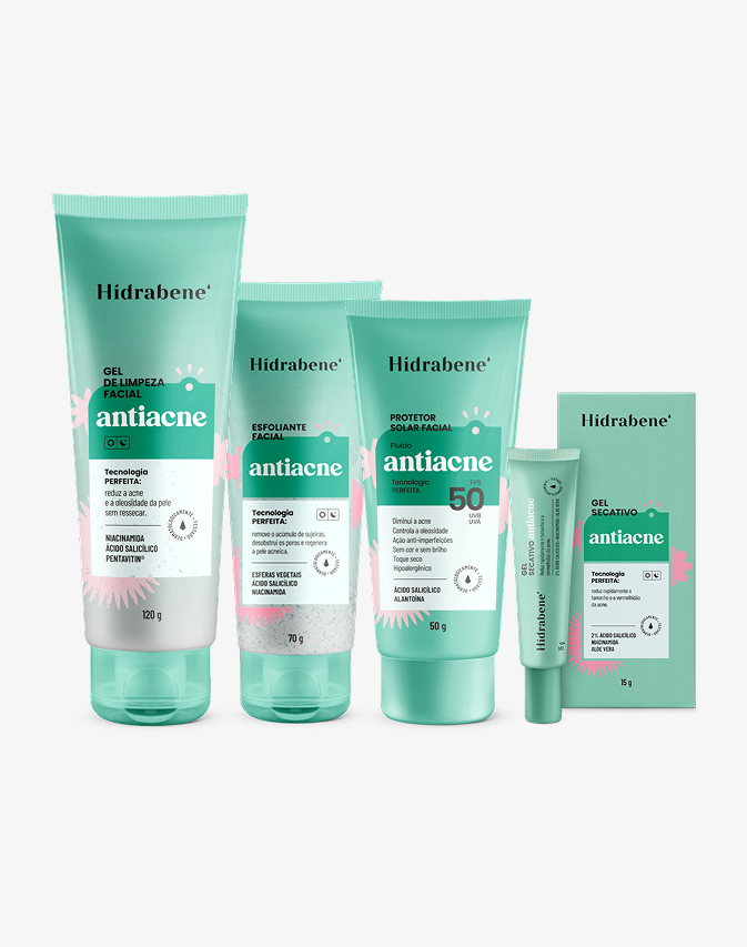 Os quatro produtos do kit: gel de limpeza, esfoliante, protetor solar FPS 50 e gel secativo com a caixa
