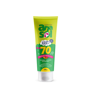 Protetor Solar Kids Anasol FPS 70 de 100g, bisnaga verde com filtro físico, proteção muito alta UVA e UVB, não arde os olhos