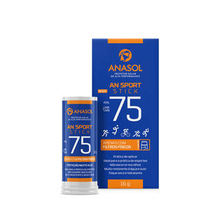 Protetor solar stick Anasol AN Sport FPS 75 com filtros físicos, bastão de 16g e embalagem azul em fundo branco