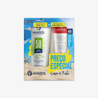 Caixa do Kit Anasol Corpo + Rosto com Protetor Solar FPS 50 200 g e Protetor Solar Facial FPS 50 60 g, oil free e toque seco, embalagem com cena de praia e selo Preço Especial