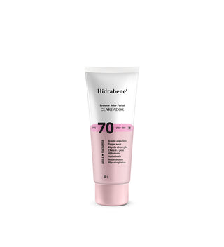 Bisnaga rosa e branca do Protetor Solar Facial FPS 70 Clareador Hidrabene 50g em fundo branco