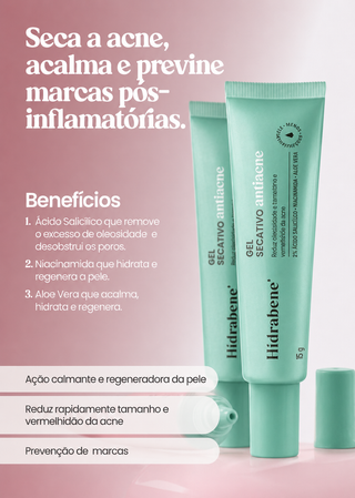 Card de benefícios do Gel Secativo Antiacne Hidrabene com duas bisnagas: seca a acne, acalma e previne marcas pós-inflamatórias
