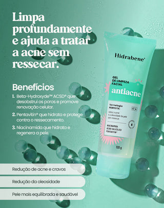 Gel de limpeza facial antiacne Hidrabene: limpa profundamente e ajuda a tratar a acne sem ressecar, com niacinamida e ácido salicílico