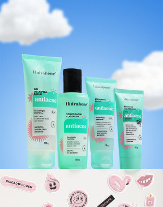 Linha antiacne Hidrabene: gel de limpeza, tônico clareador, esfoliante facial e protetor solar