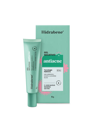 Bisnaga e caixa do Gel Secativo Antiacne Hidrabene: 2% ácido salicílico, niacinamida e aloe vera, fundo branco