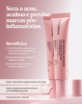 Gel secativo antiacne Hidrabene com ácido salicílico, niacinamida e aloe vera: seca a acne e previne marcas
