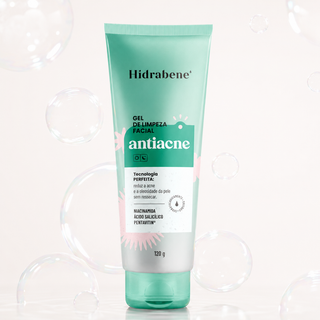 Gel de Limpeza Facial Antiacne Hidrabene 120g entre bolhas de sabão