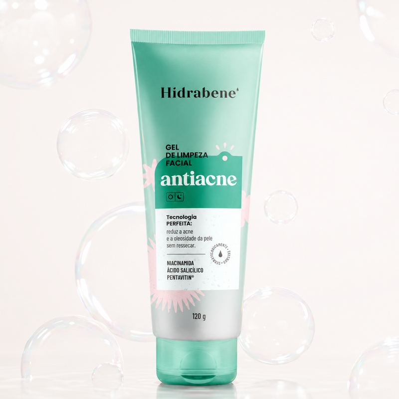 Gel de Limpeza Facial Antiacne Hidrabene 120g entre bolhas de sabão