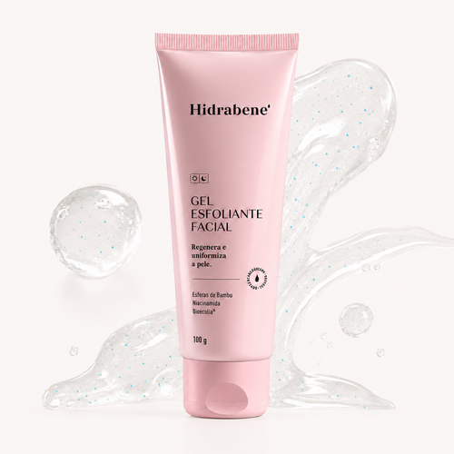 Gel Esfoliante Facial Hidrabene 100g com a textura do gel e esferas ao fundo