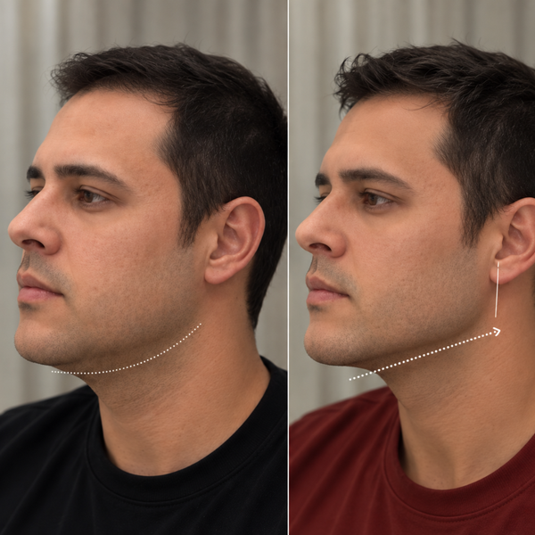 Antes e depois, de perfil. À esquerda, antes: a linha da mandíbula marcada por uma curva pontilhada. À direita, depois: a mesma linha, com uma seta indicando o contorno para cima.