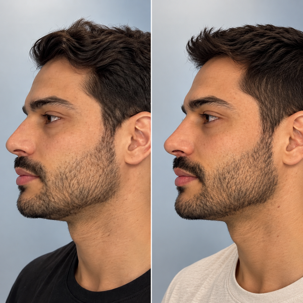 Antes e depois de perfil, homem de barba: antes à esquerda, depois à direita.