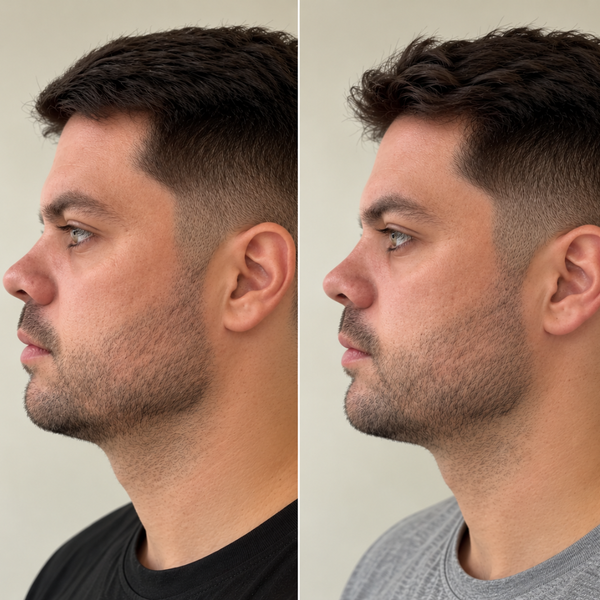 Antes e depois de perfil: antes à esquerda, depois à direita.