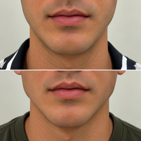 Antes e depois do queixo e do pescoço, de frente: antes em cima, depois embaixo.