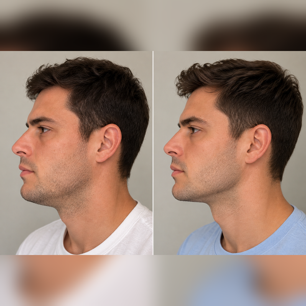 Antes e depois de perfil: antes à esquerda, depois à direita.