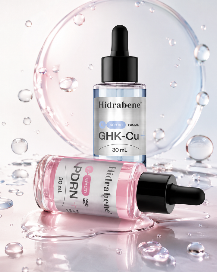 Os dois frascos de 30 ml do kit sobre uma superfície molhada: o K-Sérum GHK-Cu em pé, de líquido claro, e o K-Sérum PDRN deitado à frente, de líquido rosa.