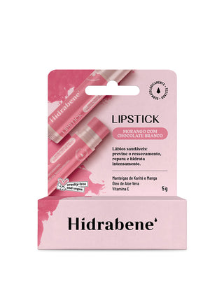 Embalagem do Lipstick Morango com Chocolate Branco Hidrabene: karité, manga, aloe vera e vitamina E