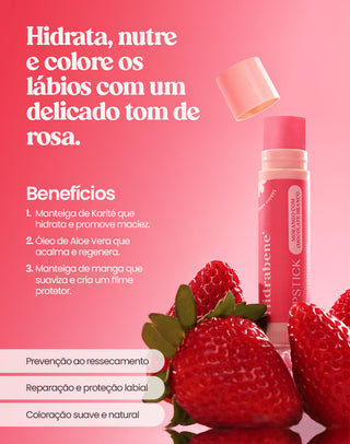 Benefícios do Lipstick Hidrabene: hidrata, nutre e colore os lábios com delicado tom de rosa
