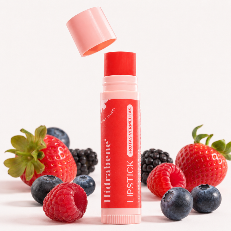 Lipstick Frutas Vermelhas Hidrabene 5g aberto entre morangos, framboesas e mirtilos