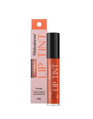 Cartela e frasco do Lip Tint Pêssego Hidrabene 6 ml com pantenol, alantoína e ácido hialurônico