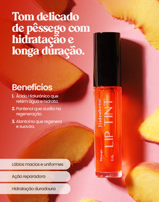 Card de benefícios do Lip Tint Pêssego Hidrabene: tom delicado de pêssego com hidratação e longa duração, entre fatias de pêssego