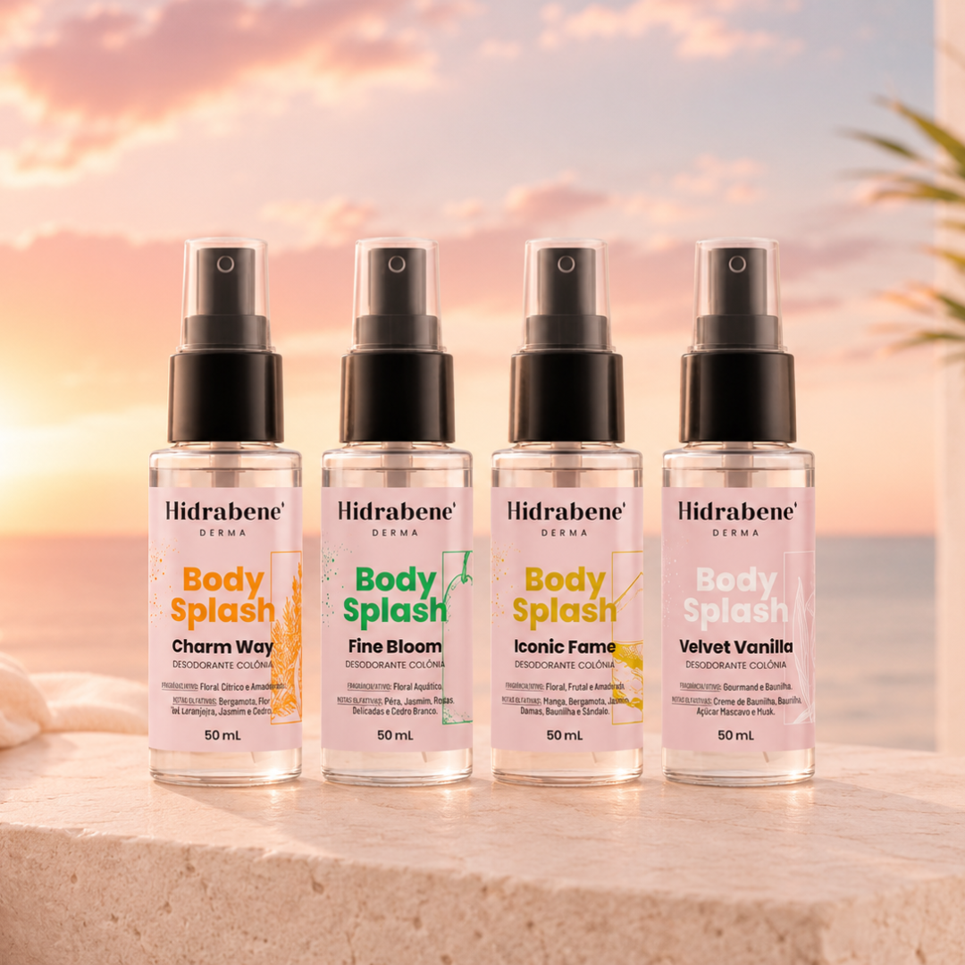 Kit 4 Mini Body Splash Hidrabene 50ml — Charm Way, Fine Bloom, Iconic Fame e Velvet Vanilla — em cenário de praia ao pôr do sol