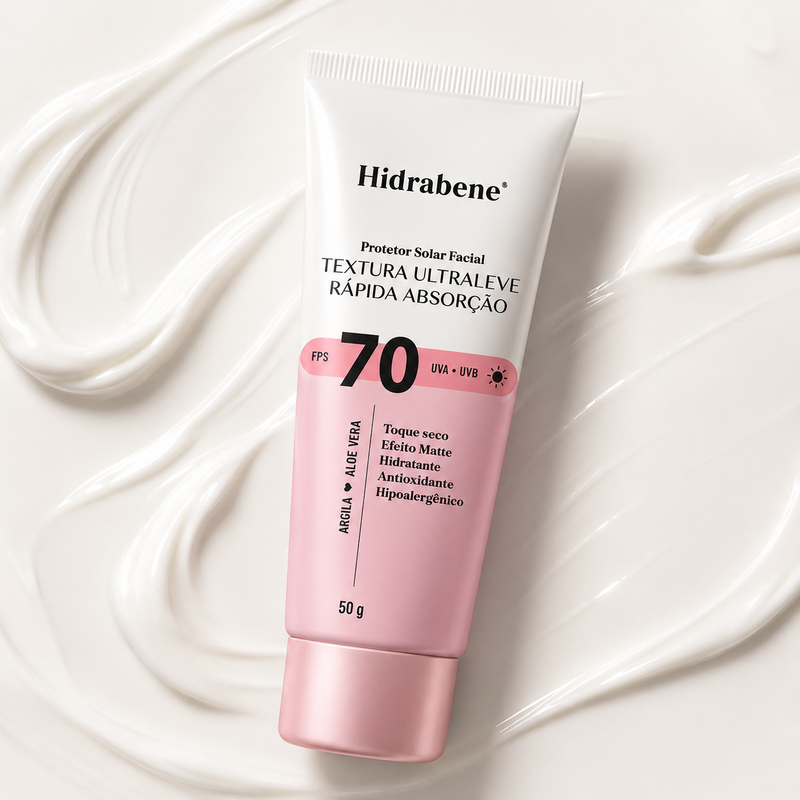 Protetor Solar Facial FPS 70 Hidrabene toque seco 50g sobre fundo de textura cremosa