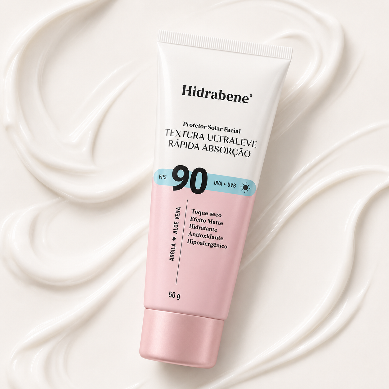 Protetor Solar Facial FPS 90 Hidrabene toque seco 50g sobre fundo de textura cremosa