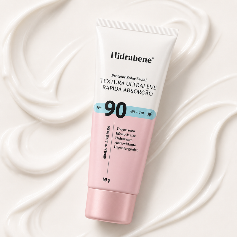 Protetor Solar Facial FPS 90 Hidrabene toque seco 50g sobre fundo de textura cremosa
