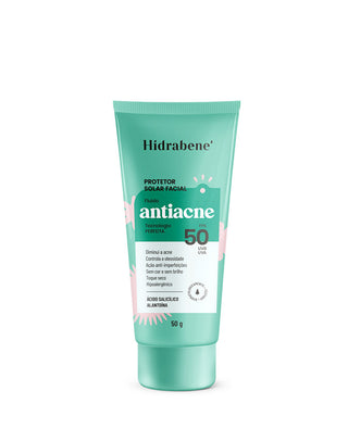 Bisnaga verde do Protetor Solar Facial Antiacne FPS 50 Hidrabene 50g com ácido salicílico e alantoína, fundo branco