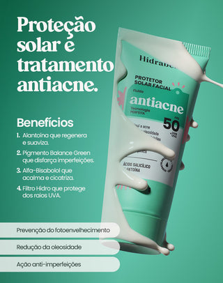 Card de benefícios do Protetor Solar Antiacne FPS 50 Hidrabene com creme escorrendo pela bisnaga: alantoína, Pigmento Balance Green, alfa-bisabolol e Filtro Hidro