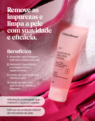 Benefícios do Sabonete Líquido Facial Hidrabene: Bioecolia, Pentavitin, chá verde e aloe vera